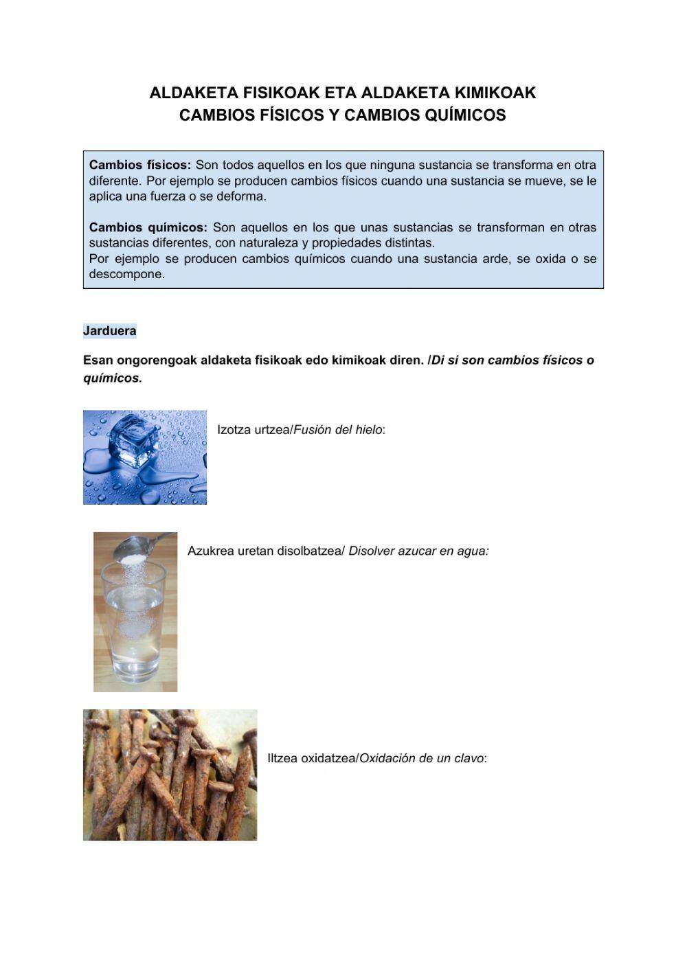 Aldaketa fisikoak eta aldaketa kimikoak