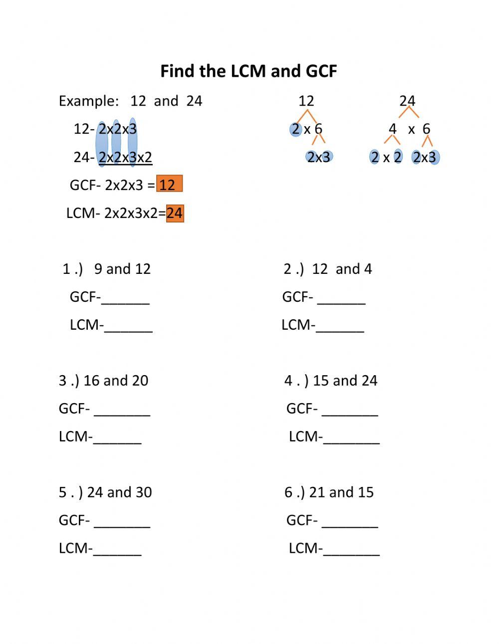 Finding LCM and GCF online exercise for Live Worksheets