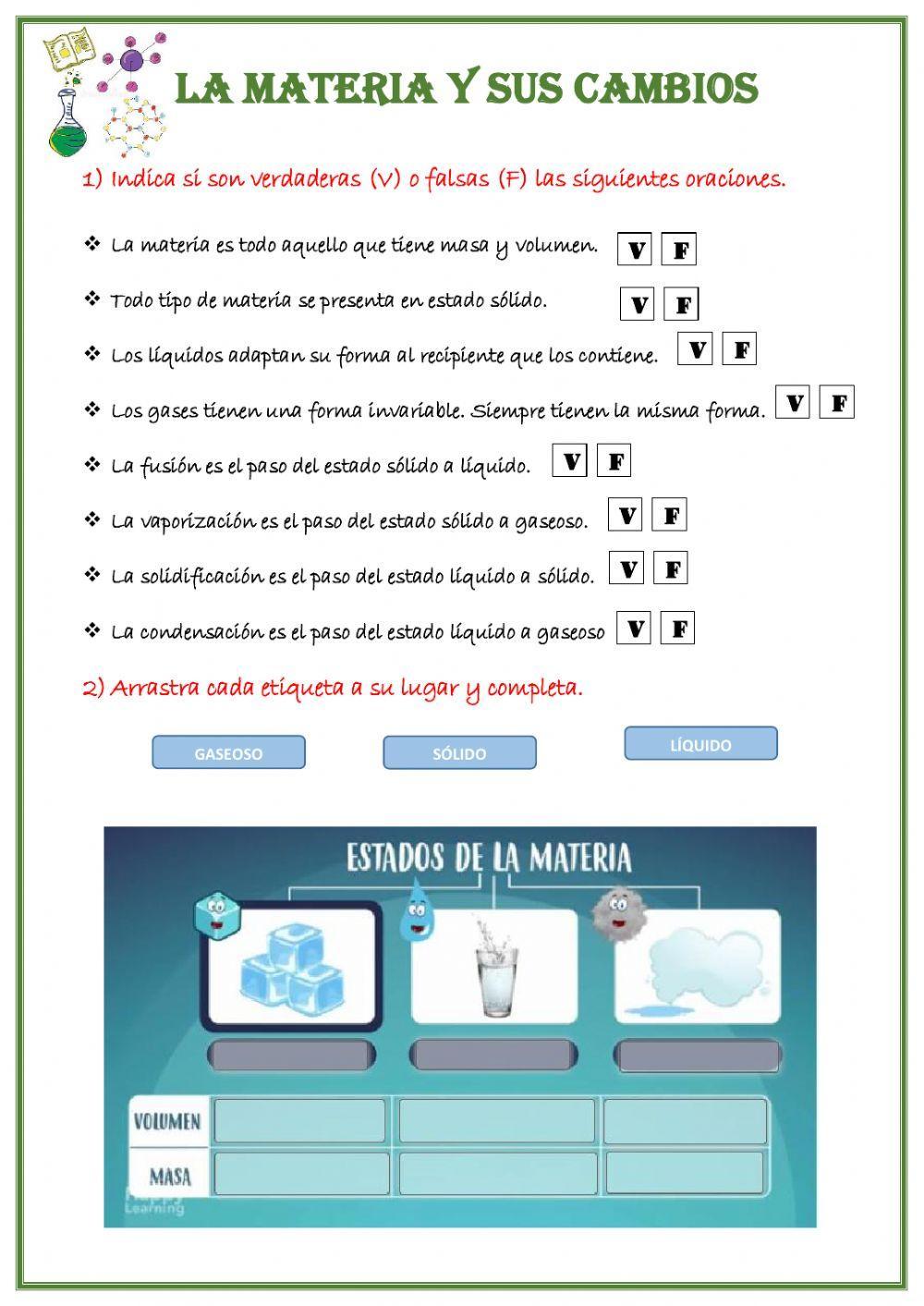 La materia y su… | Free Interactive Worksheets | 248420, image size:1000x1413