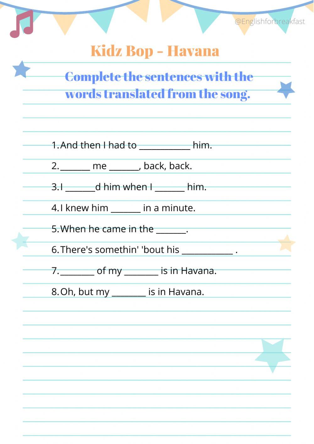 Song: Kidz Bop. Havana. Activities 1 easy level