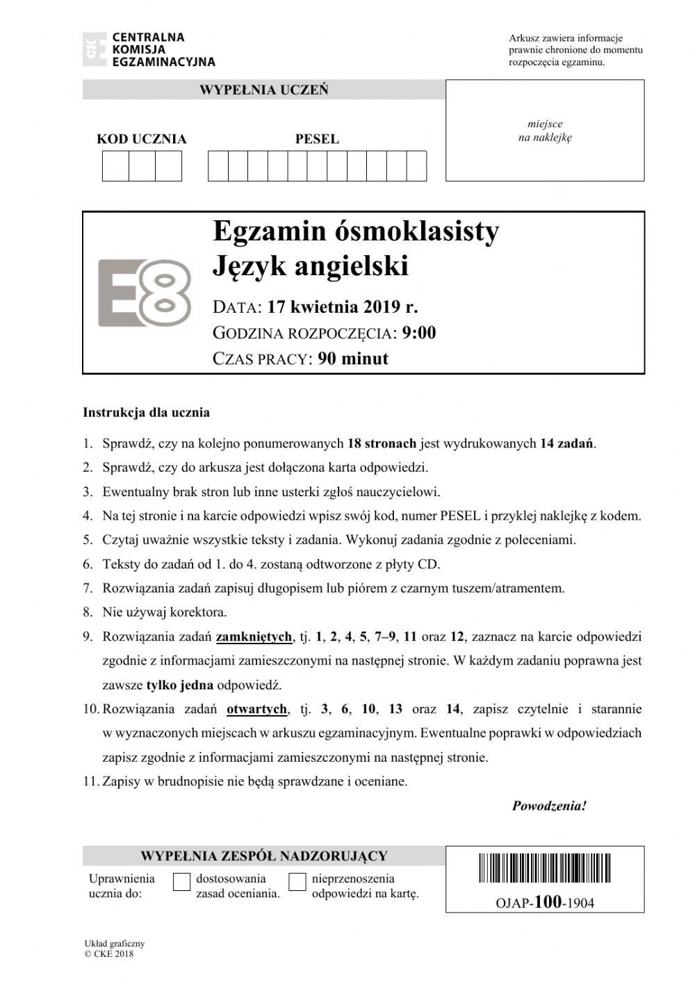 egzamin ósmoklasisty 2019 CKE cz. 2 zad. 9-14