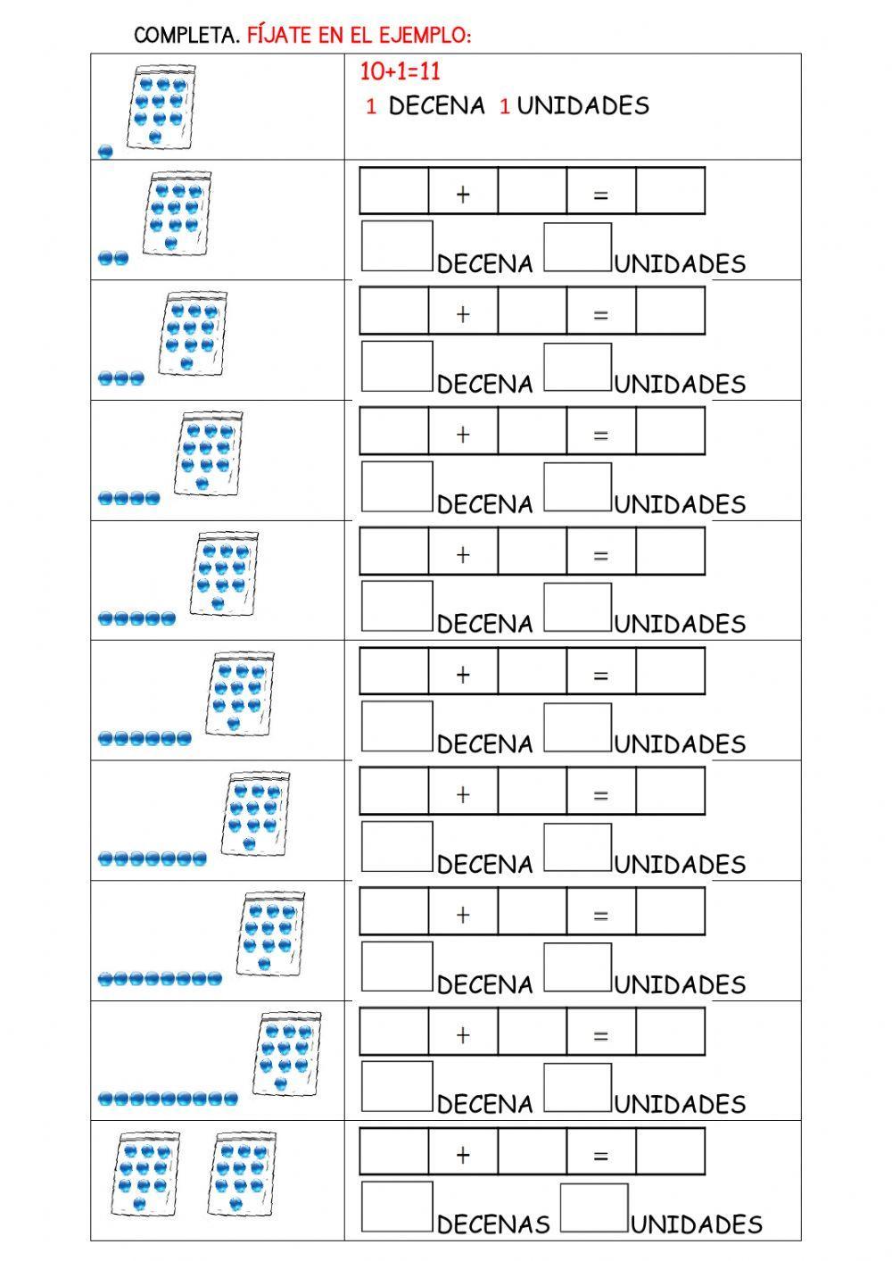 Descomponer números del 11 al 20