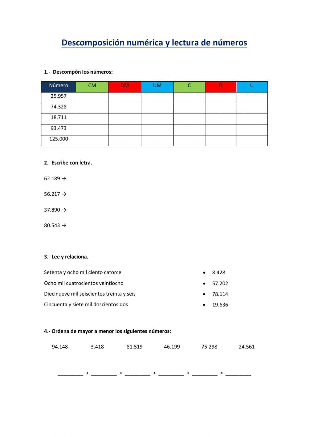 Descomposición, lectura y escritura de números