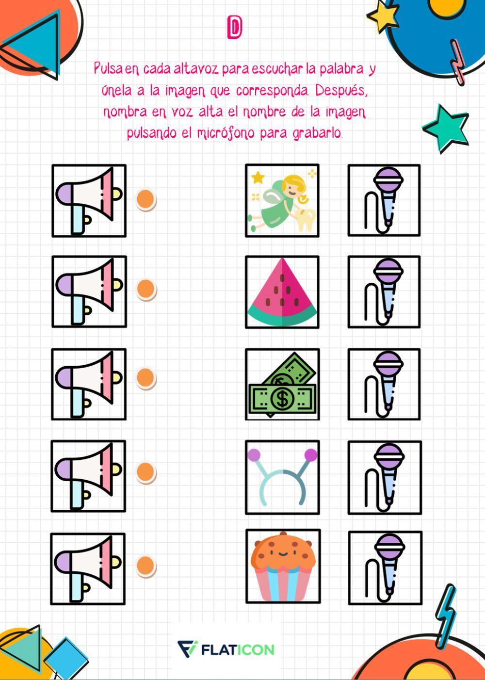 Escucha, une y habla el fonema d (diferente posición y dificultad)