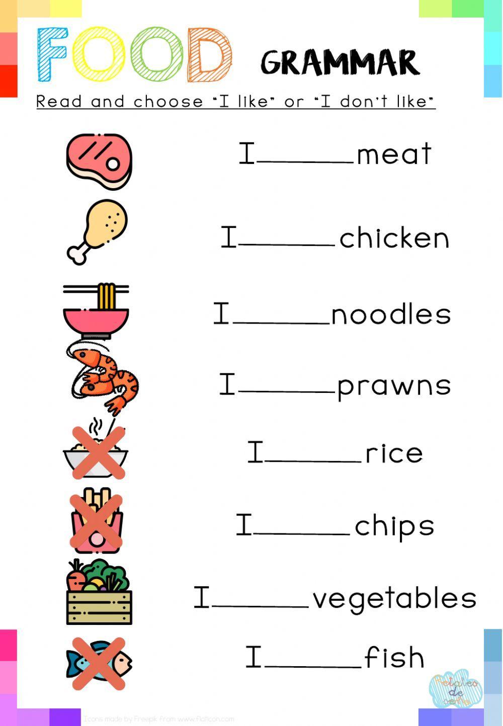 Read and choose -I like- or -I don't like-: Vocabulary food
