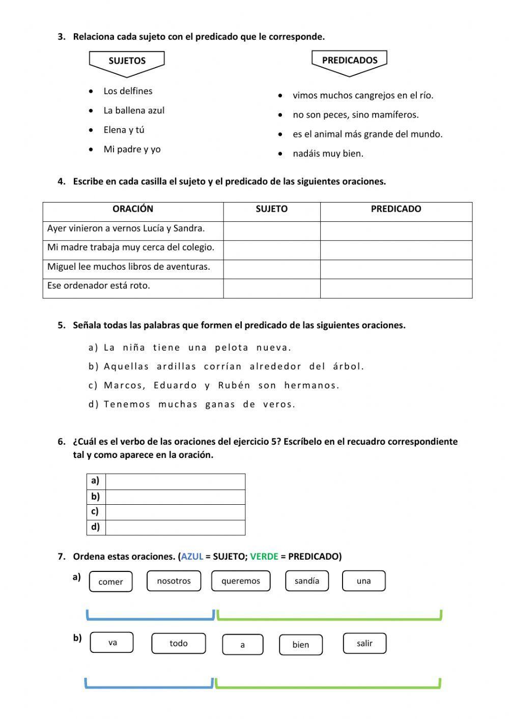 Ficha de repaso -SUJETO Y PREDICADO-