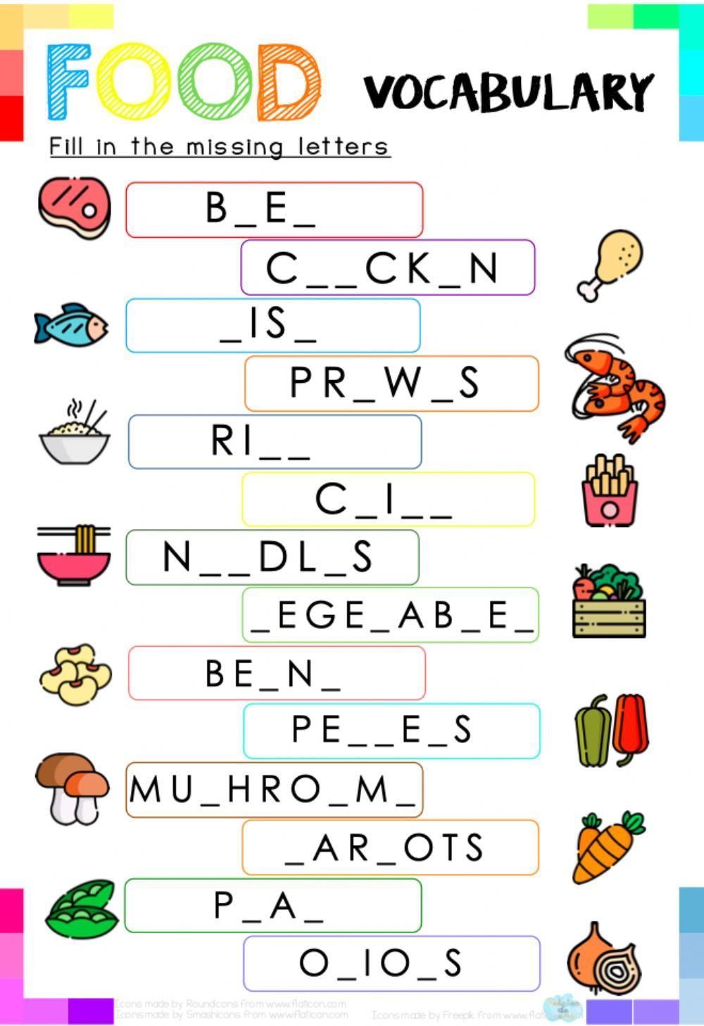 Fill in the missing letter: Vocabulary food