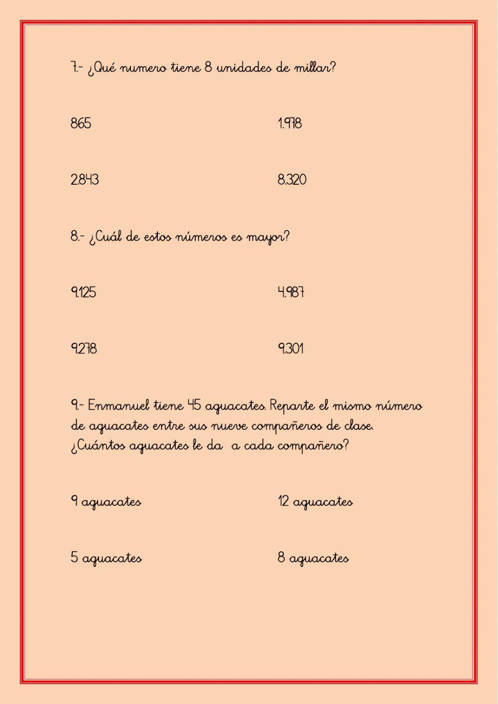 Test de matemáticas Tercero de Primaria