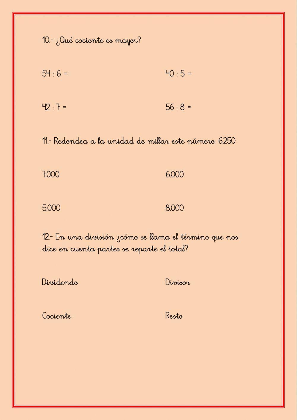 Test de matemáticas Tercero de Primaria