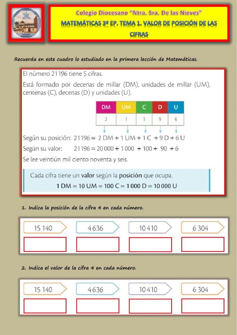 Tema 1. Valor de posición de las cifras