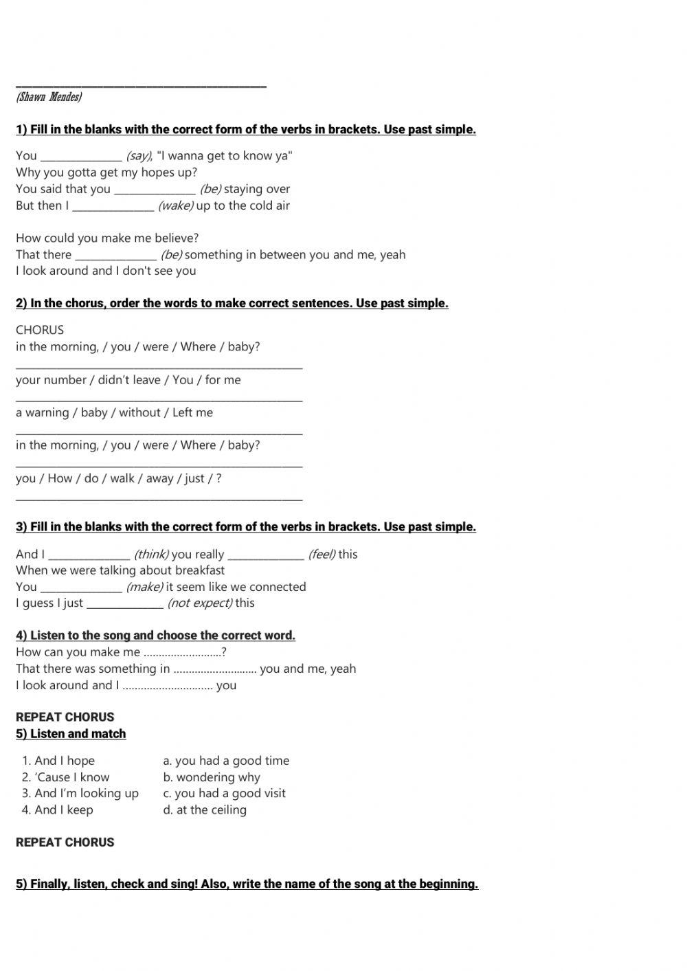Song Worksheet: -Where were you in the morning?- by Shawn Mendes