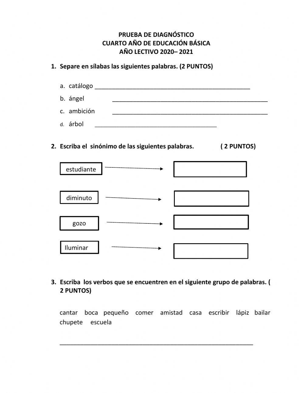 Prueba de diagnóstico cuarto de básica