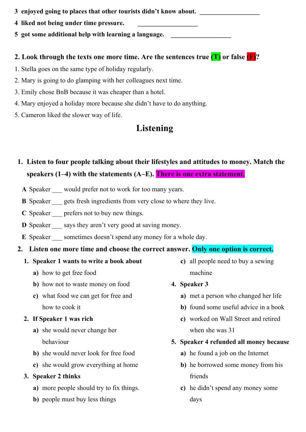 Reading and Listening Exam Solutions Pre-Intermediate