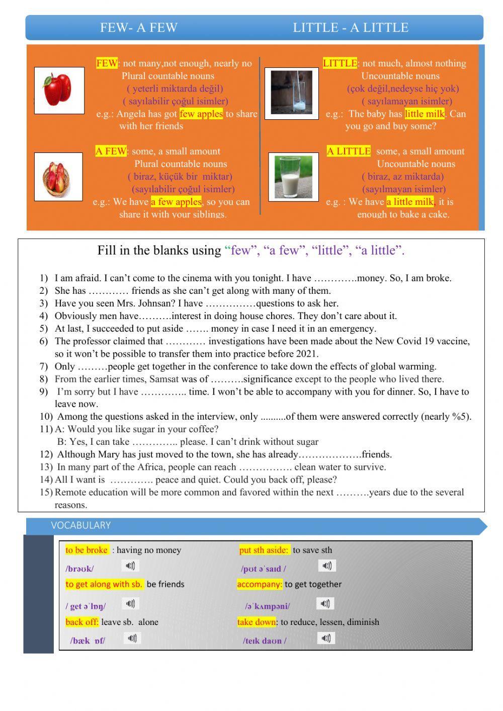 Few- a few  -  little - a little