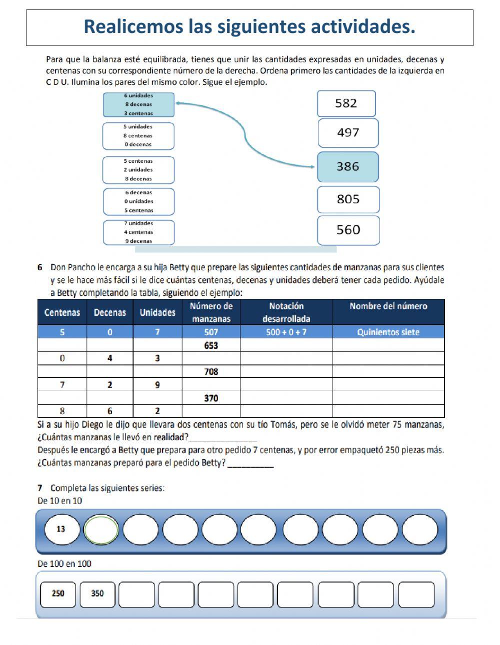 Ejercicios de matemática con centenas Ejercicios de matemática con centenas