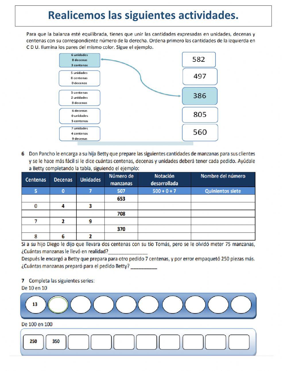 Ejercicios de matemática con centenas