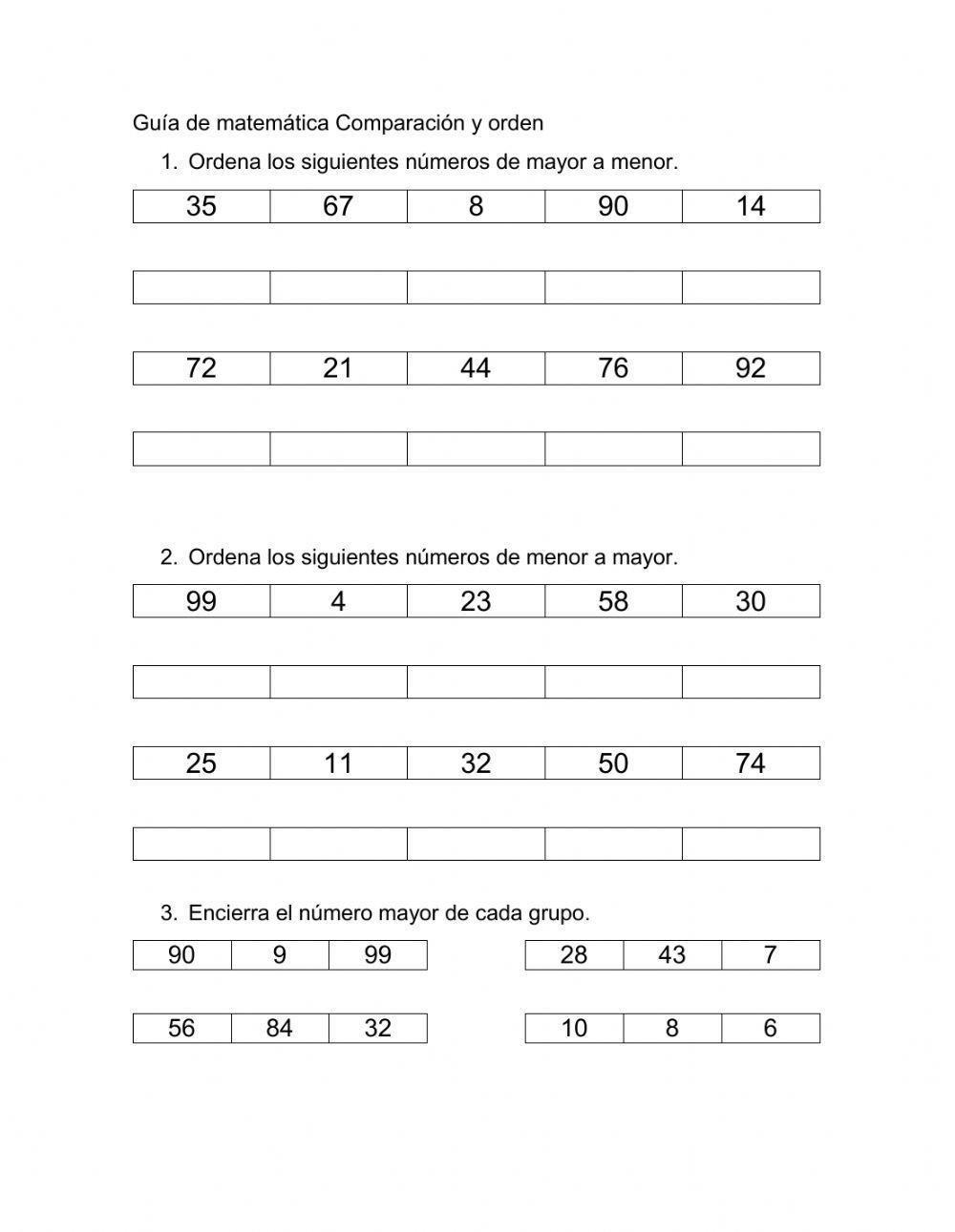 Comparación y orden de números hasta el 100.