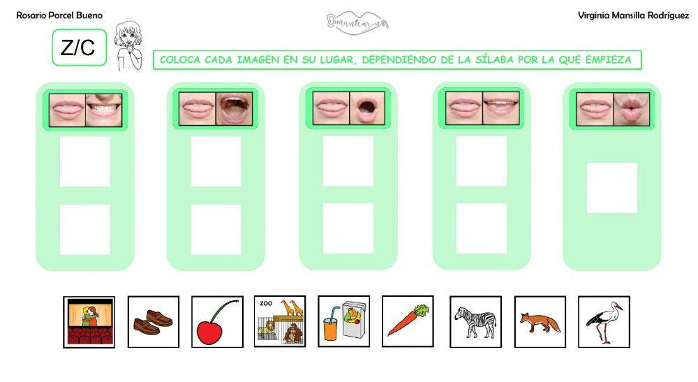 Clasificar sílabas con sonido C-Z inicial en palabras, con articulemas.