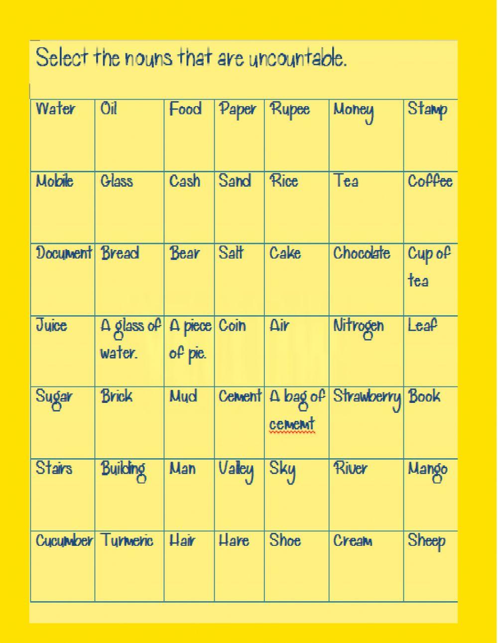 Countable Uncountable Nouns