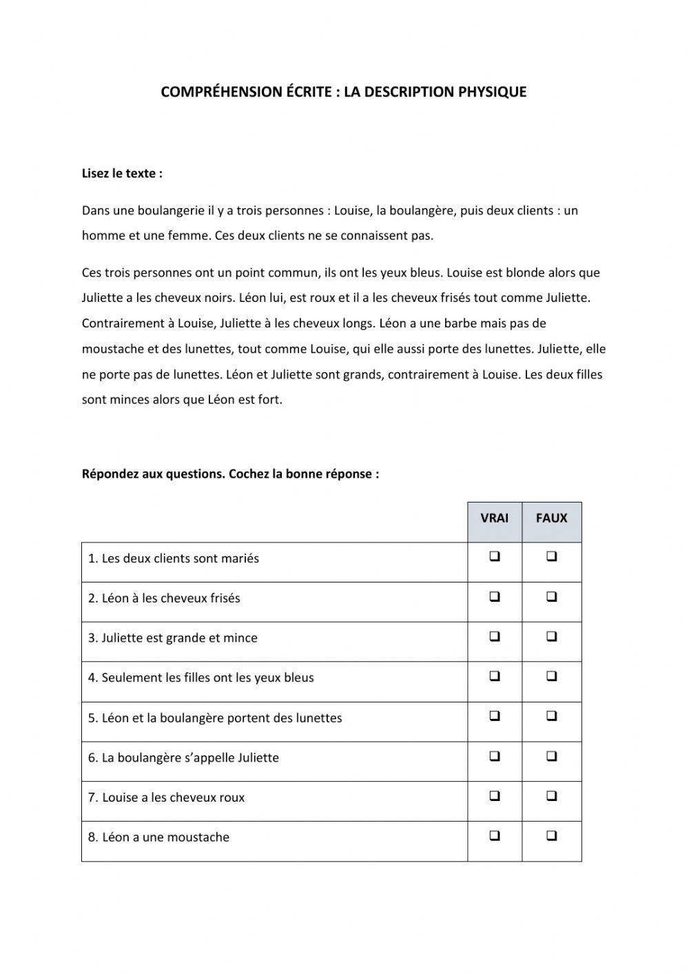 Compréhension écrite La Description