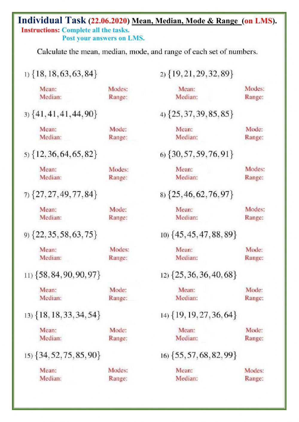 Mean ,median, mode range worksheet | Live Worksheets