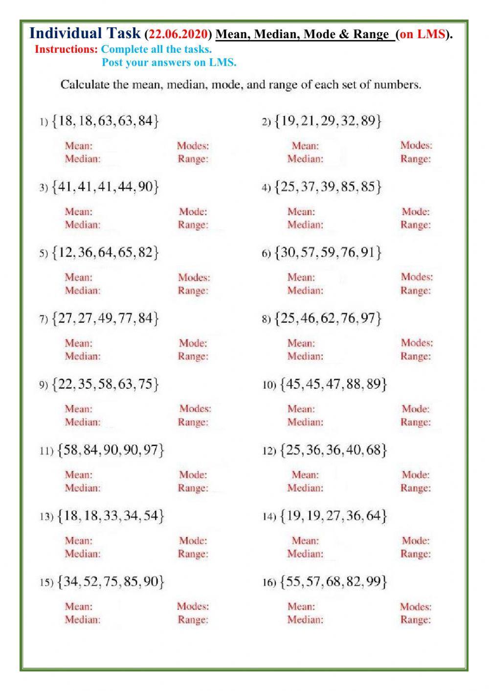 Mean ,median, mode range