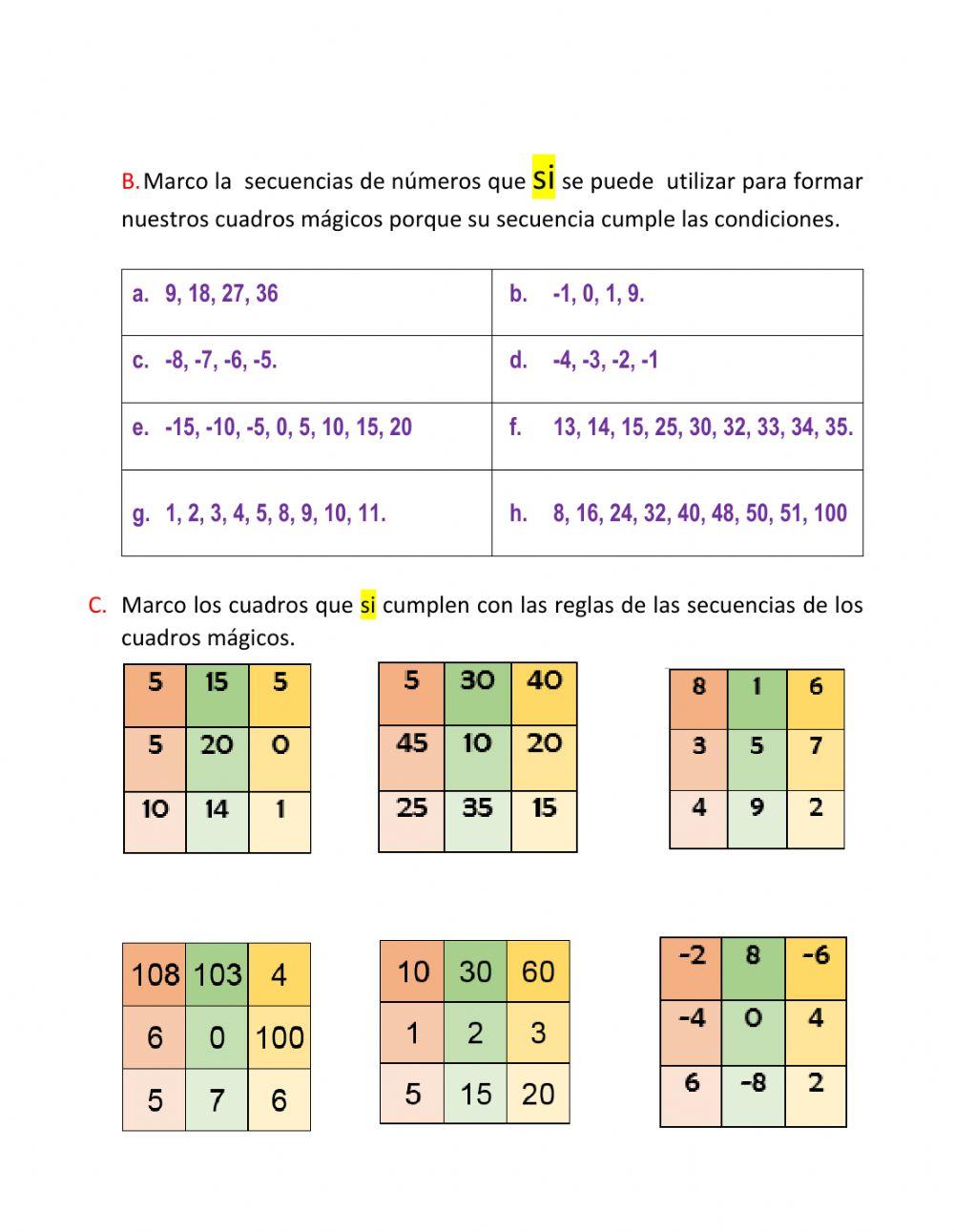 Cuadros mágicos y sopa de letras