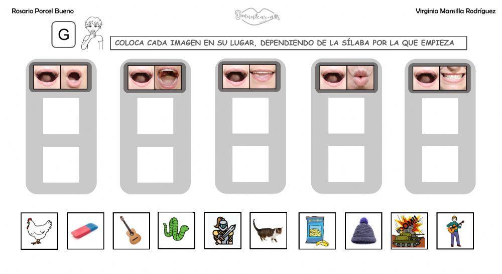 Clasificar sílabas con sonido G inicial en palabras, con articulemas.