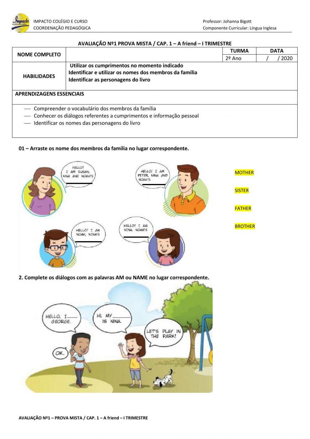 Avaliação 1  2°ano