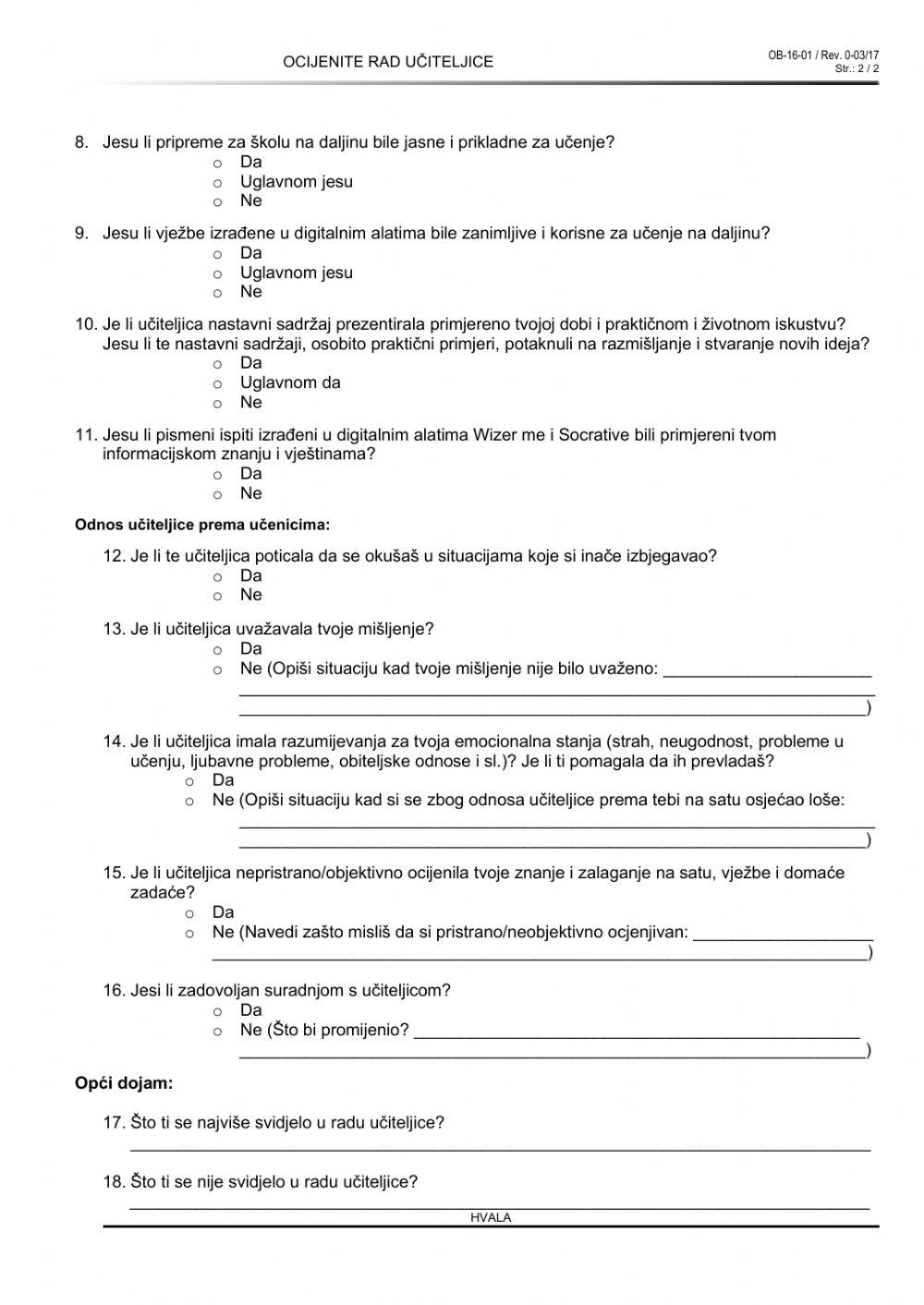 Anketni upitnik -Ocijenite rad učiteljice- 2.AM