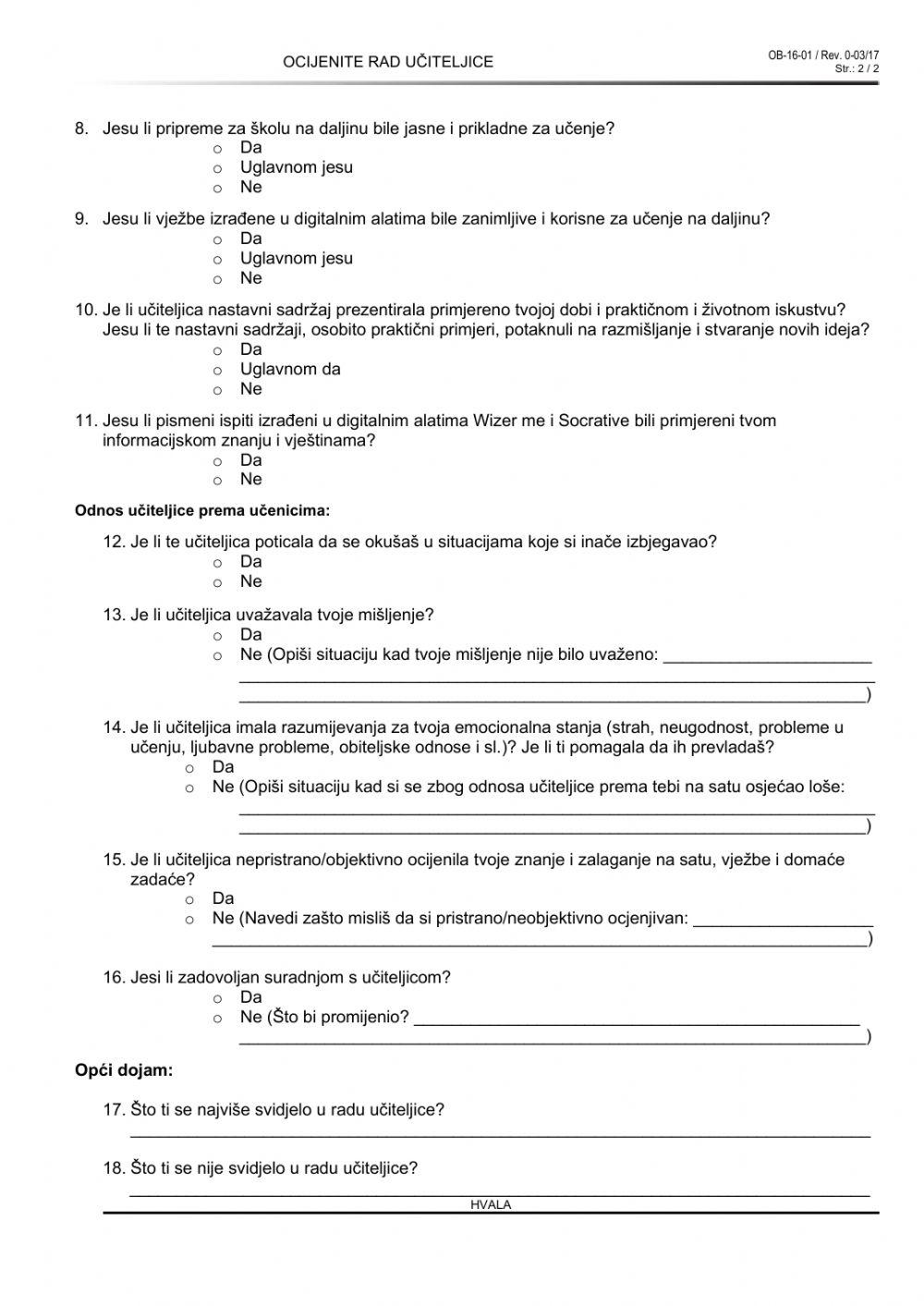 Anketni upitnik -Ocijenite rad učiteljice- 1.AM