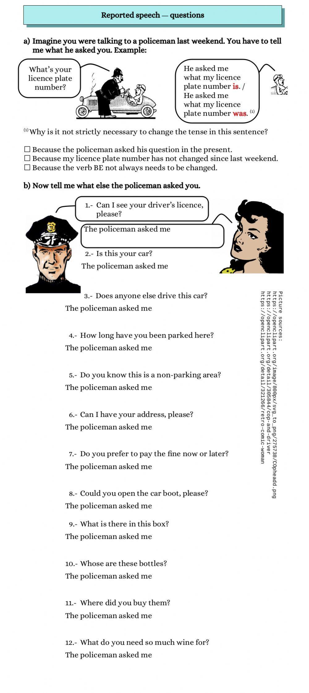 Reported speech questions - policeman's questions