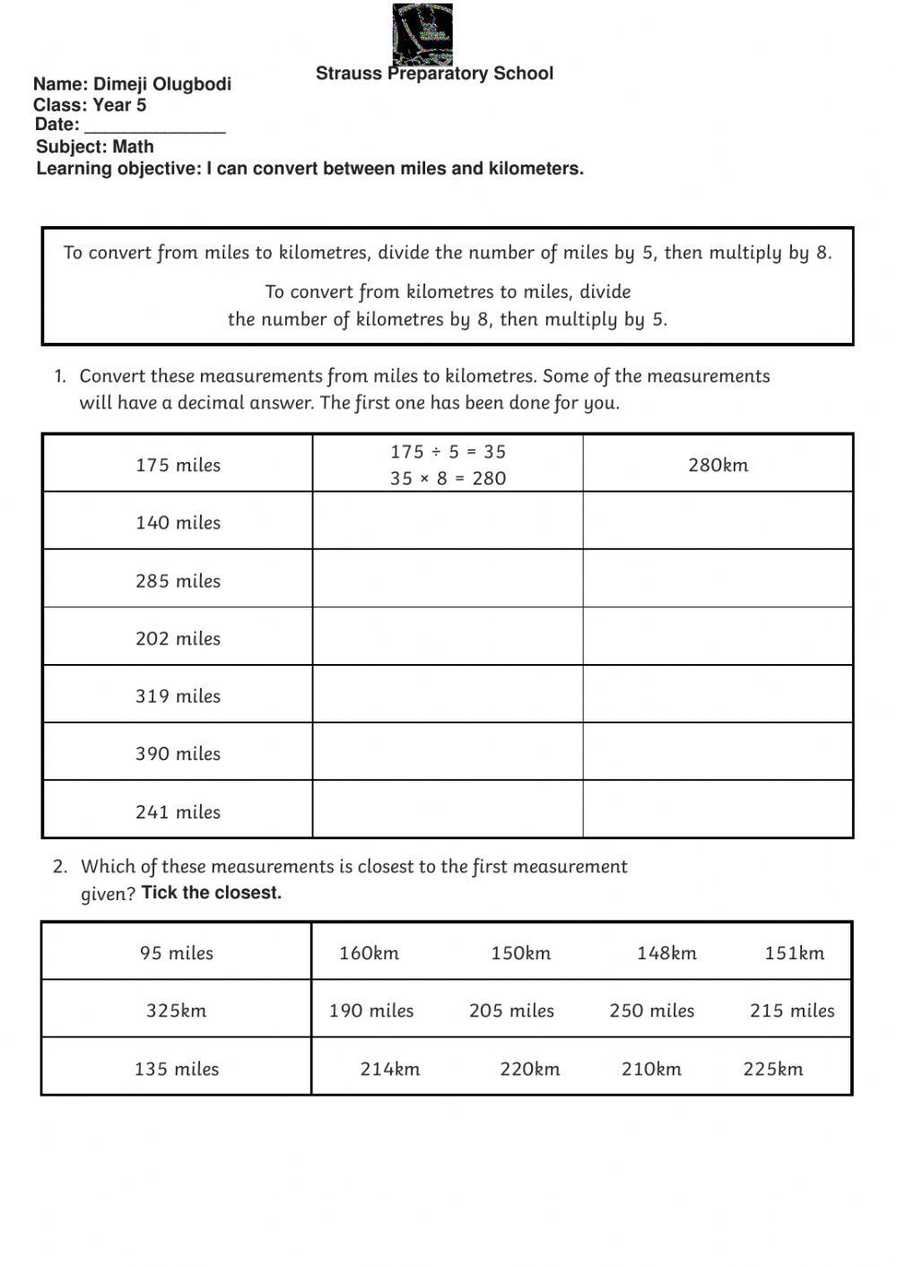 Miles To Kilometers Exercise Live Worksheets miles-to-kilometers-exercise-live-worksheets