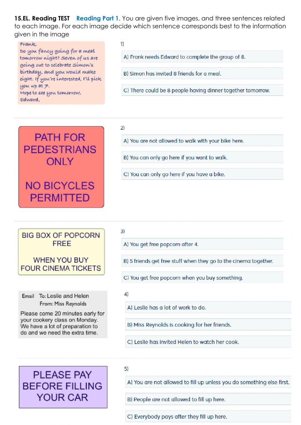 15.El. Reading test Pet fs B1