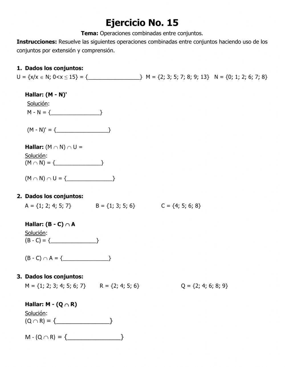 EJERCICIO No. 15 - OPERACIONES COMBINADAS ENTRE CONJUNTOS