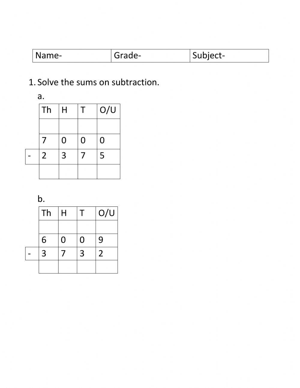 Math worksheet on subtraction