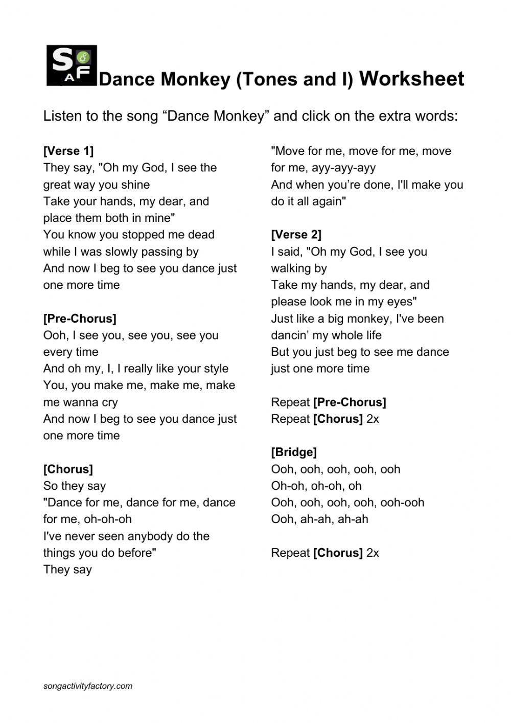 Dancing  monkey worksheet