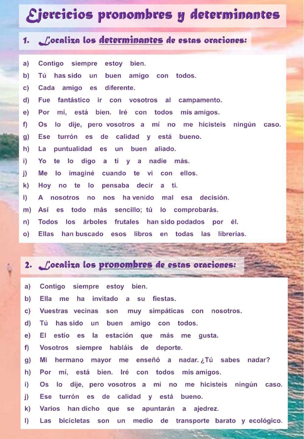 Actividades sobre los pronombres y determinantes