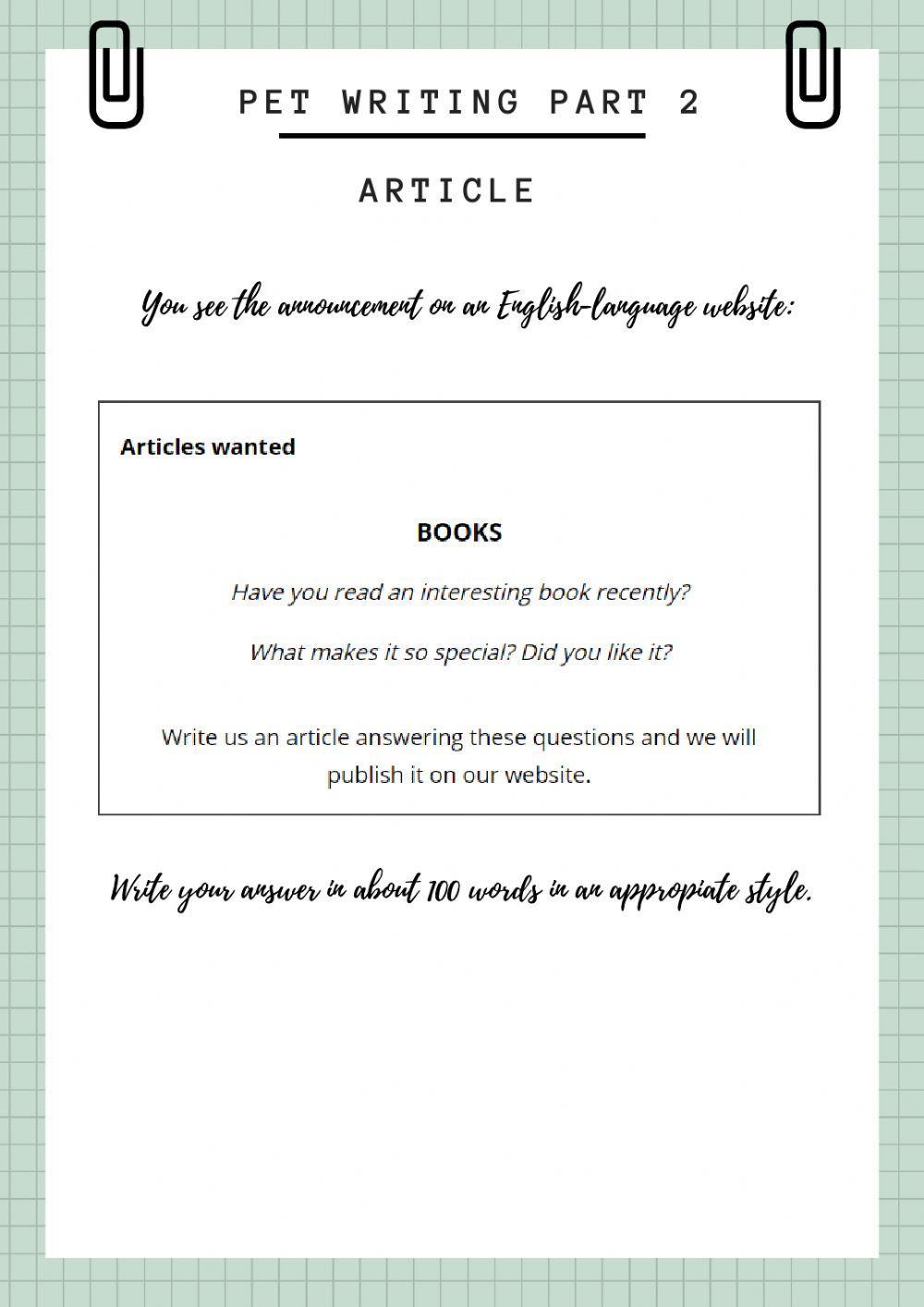 B1 PET Writing Part 2 Article 285215 b1-pet-writing-part-2-article-285215