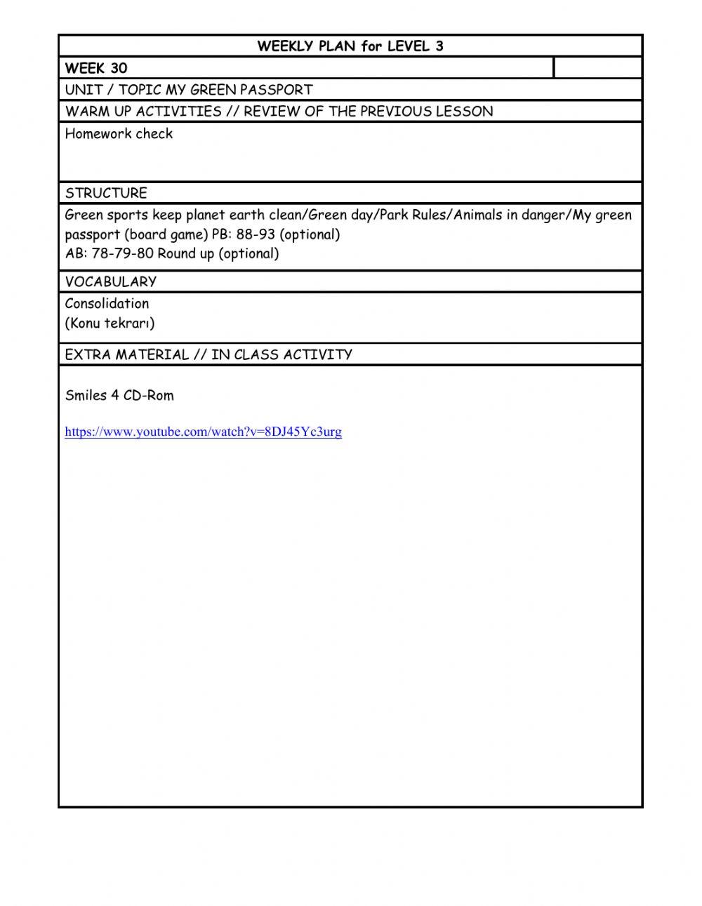 Level 3 Week 30 weekly plan