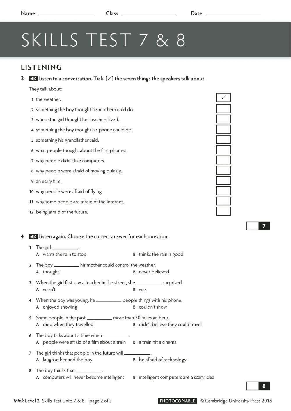 Think 2 Skills test 7-8