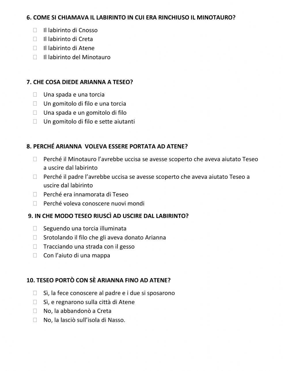 Comprensione TESEO E IL MINOTAURO