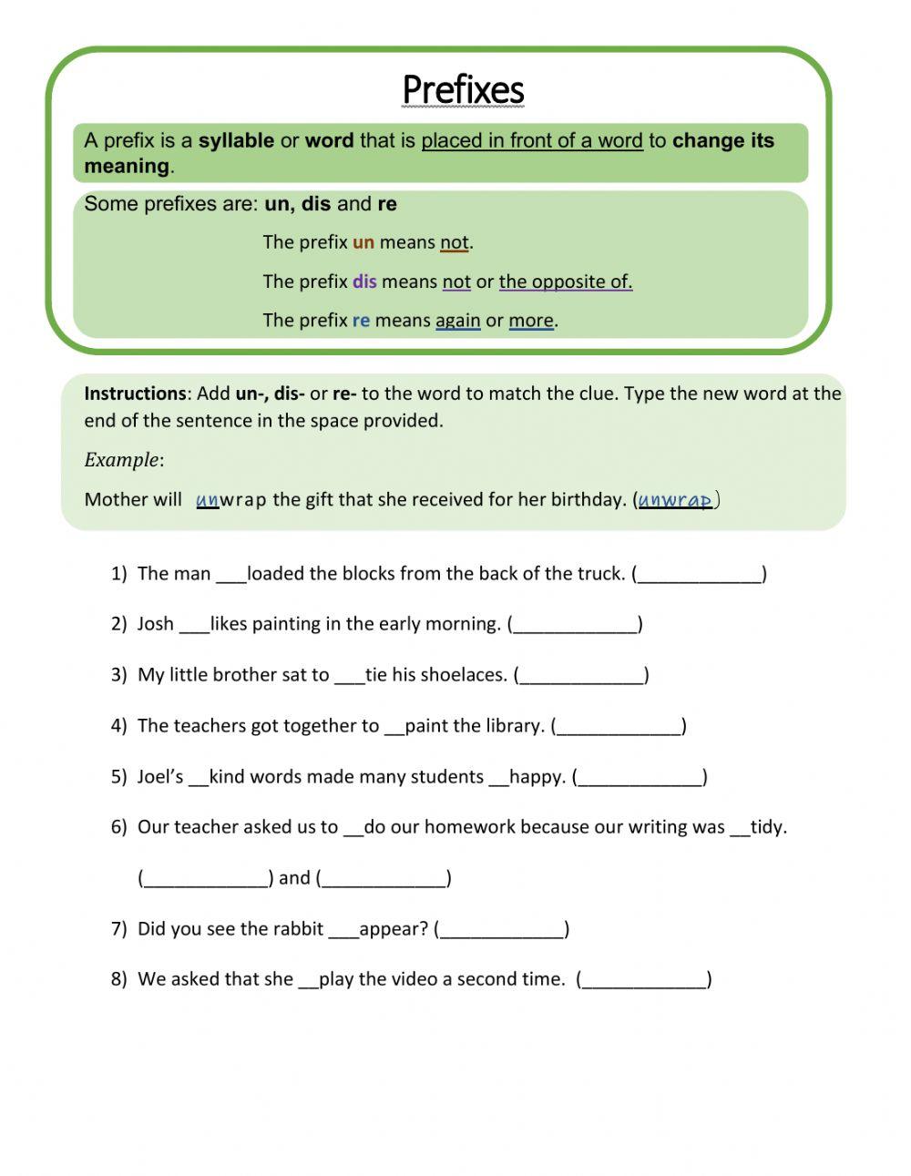 Prefixes un, re and dis online exercise for Live Worksheets