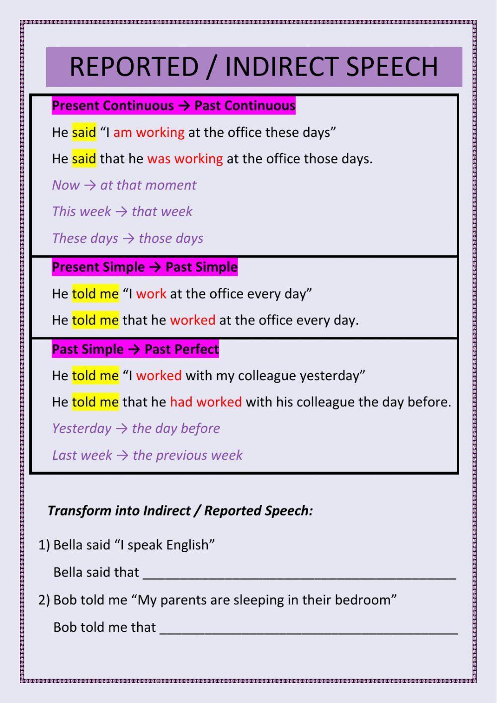 Reported - Indirect Speech (Present Simple, Present Continuous, Past Simple)