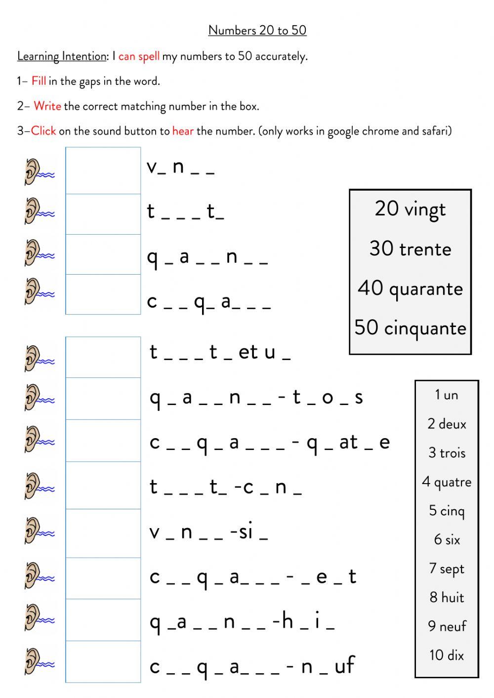 Numbers To 20 In French Worksheet