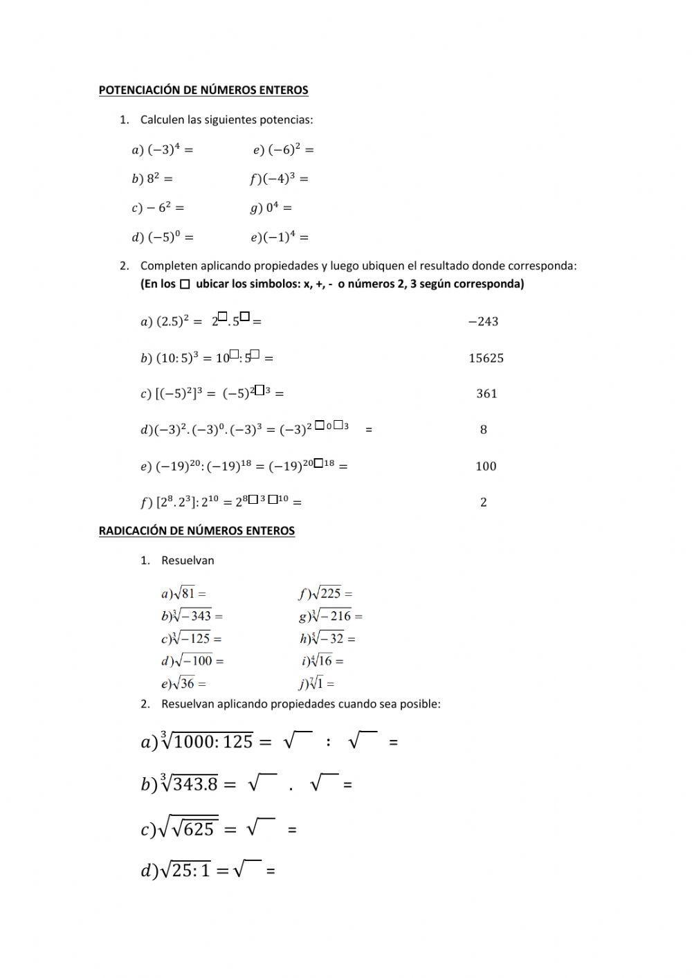 Potenciación y radicación de números enteros
