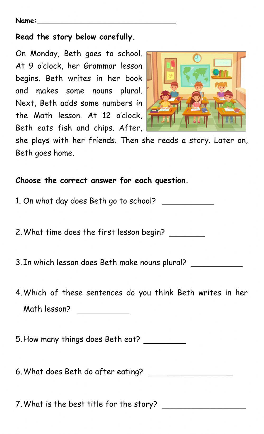 Reading comprehension multiple choice beth school online exercise for