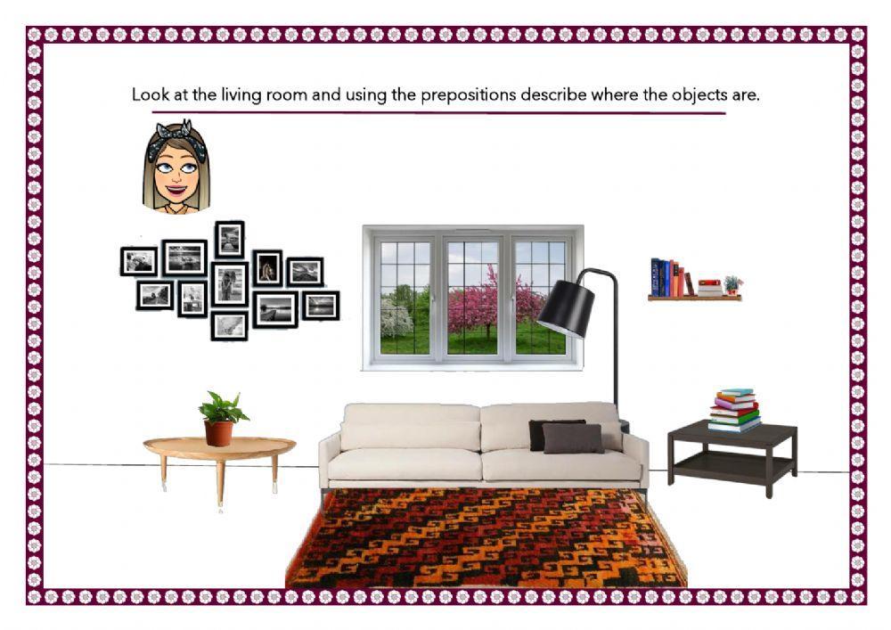 Describing where the objects of a living room is