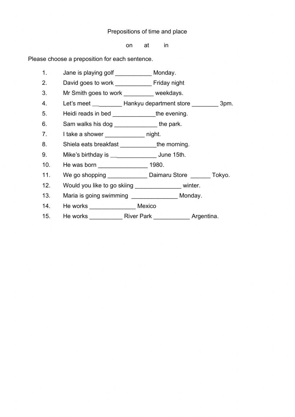 Prepositions of Place and Time