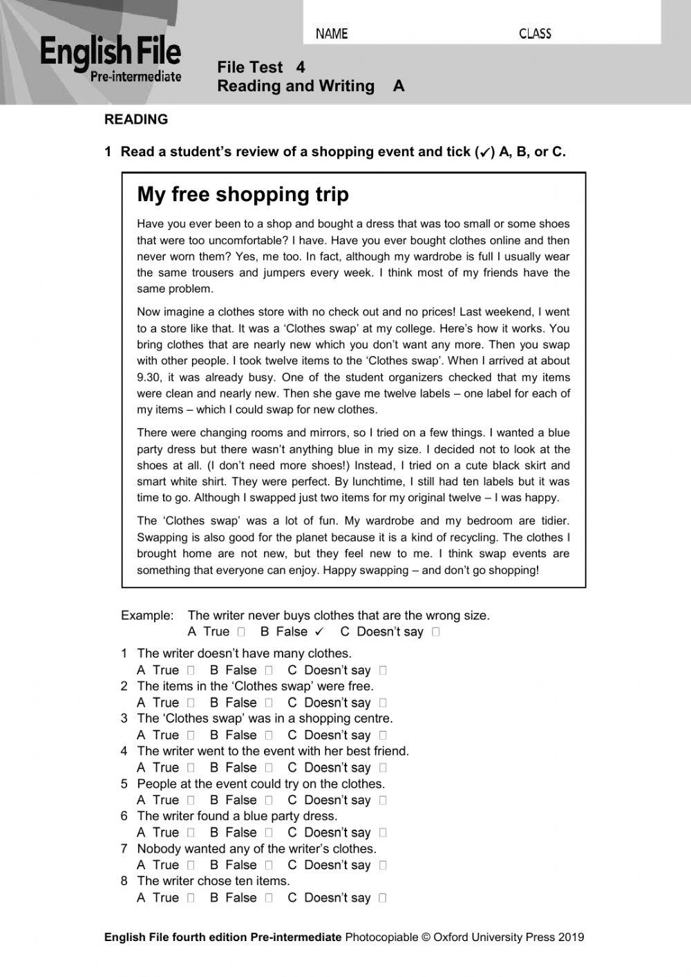 English File Pre-inter File test 4A